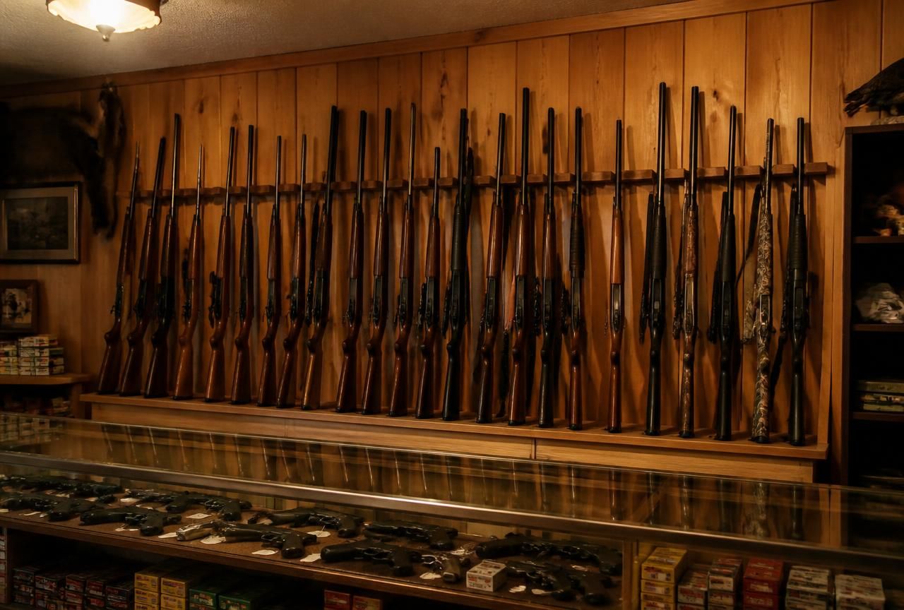 Rifles and shotguns racked behind the counter at Holtan's TnC Sporting Goods