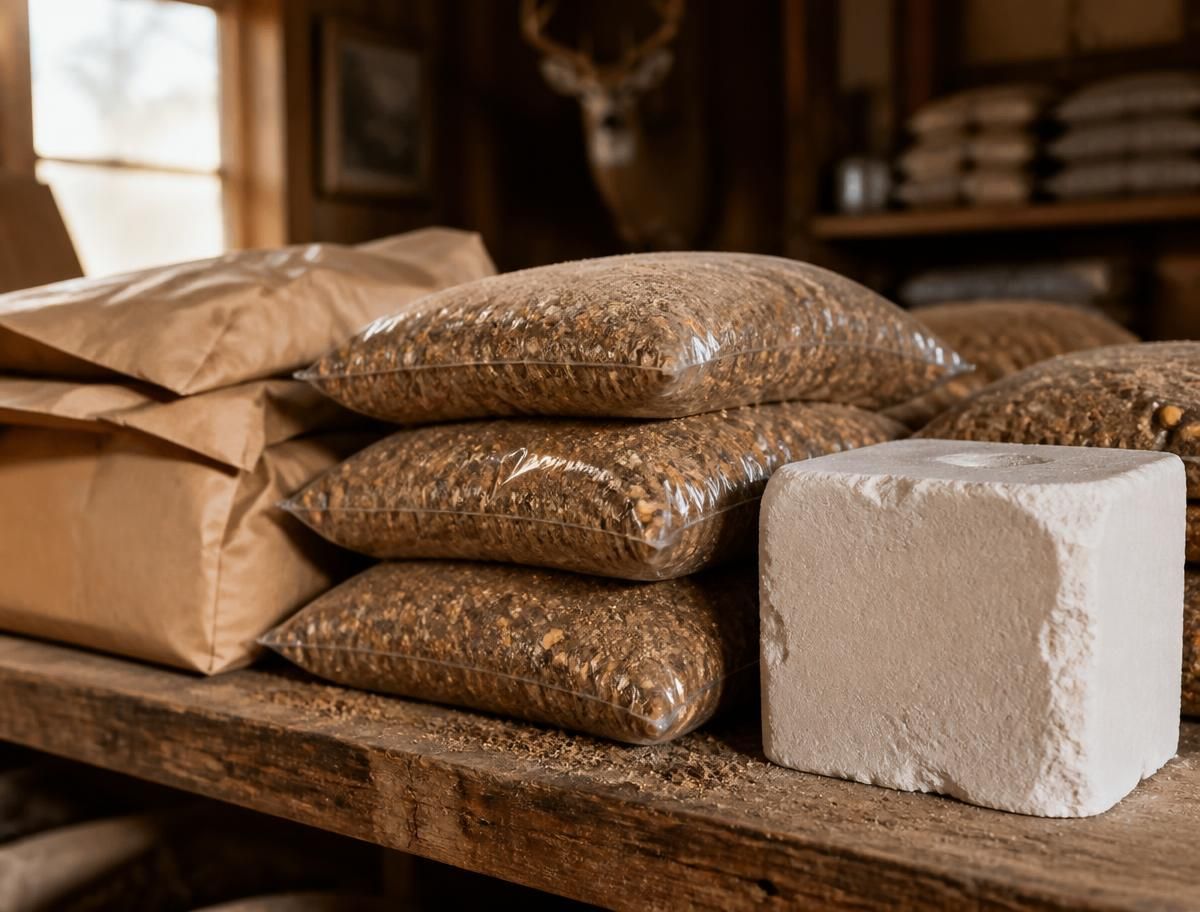 Bagged deer minerals and a mineral block stocked at Holtan's TnC Sporting Goods